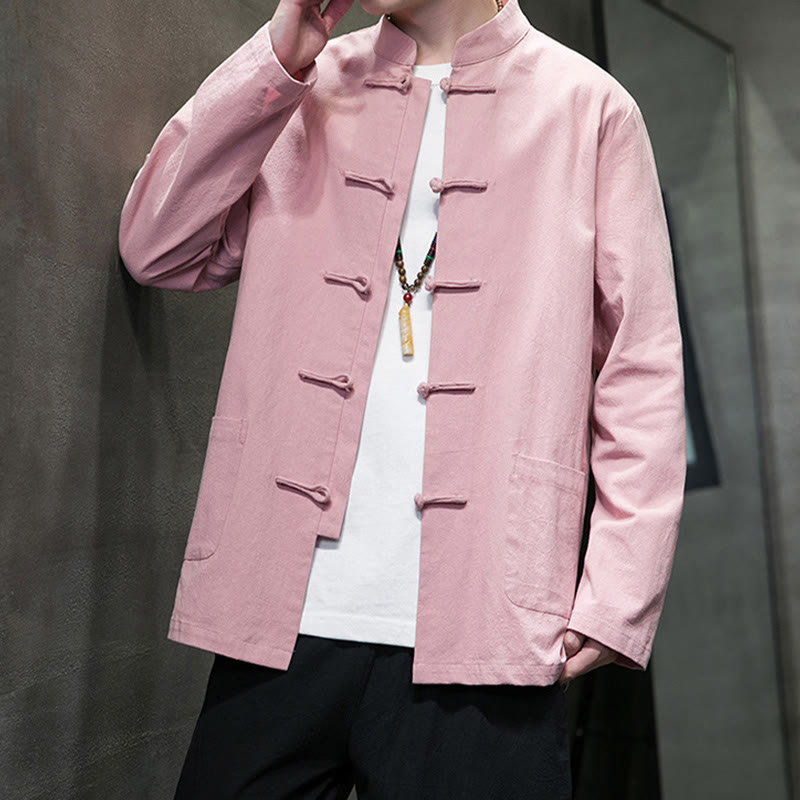 Simple Frog-Button Chinese Tang Suit Cotton Men Jacket Shirt With Pockets