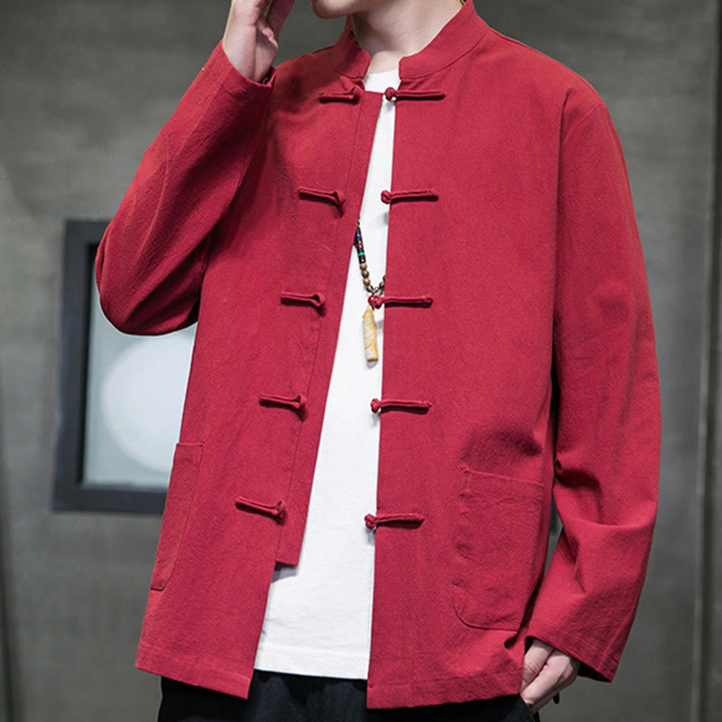 Simple Frog-Button Chinese Tang Suit Cotton Men Jacket Shirt With Pockets