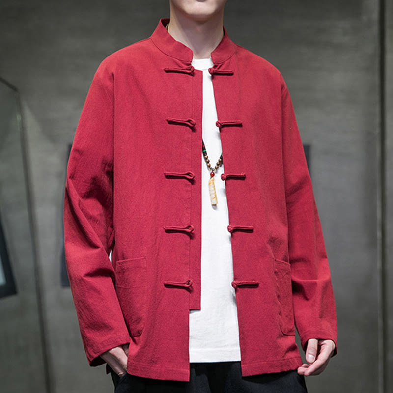 Simple Frog-Button Chinese Tang Suit Cotton Men Jacket Shirt With Pockets