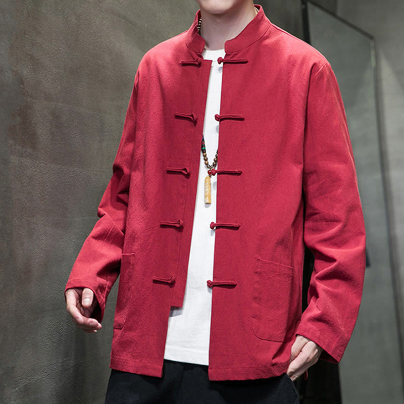 Simple Frog-Button Chinese Tang Suit Cotton Men Jacket Shirt With Pockets