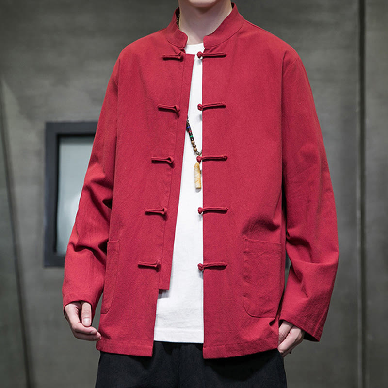 Simple Frog-Button Chinese Tang Suit Cotton Men Jacket Shirt With Pockets