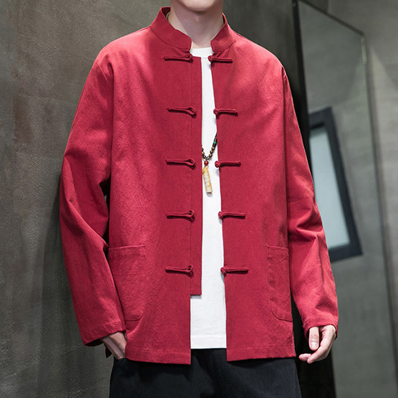 Simple Frog-Button Chinese Tang Suit Cotton Men Jacket Shirt With Pockets