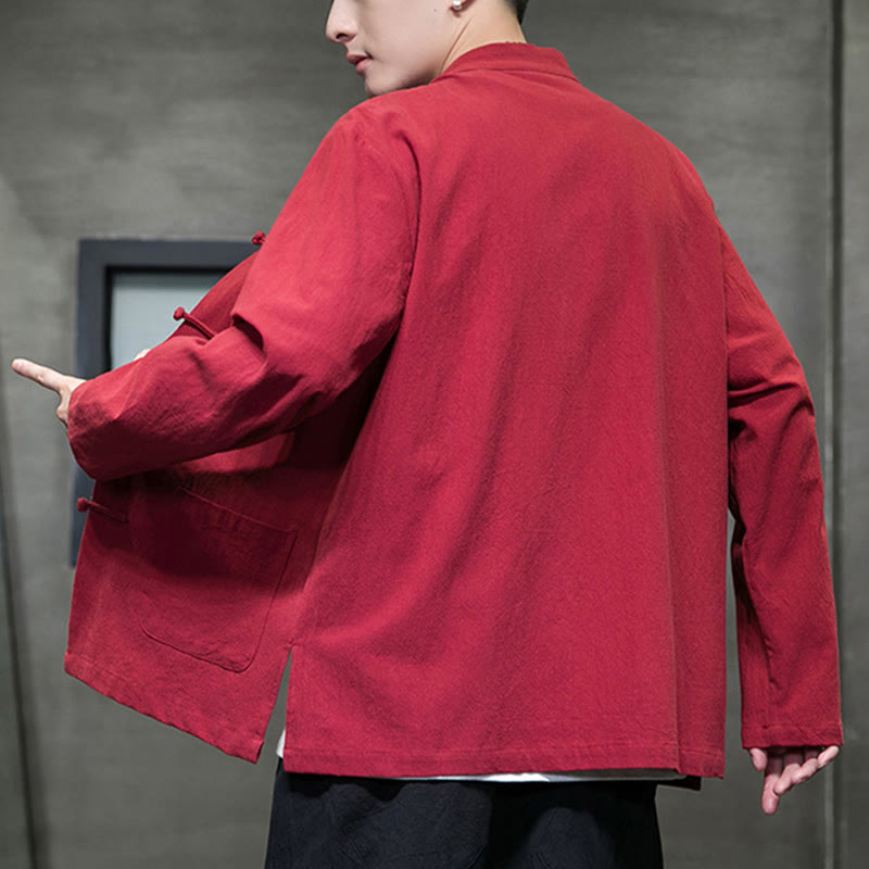 Simple Frog-Button Chinese Tang Suit Cotton Men Jacket Shirt With Pockets
