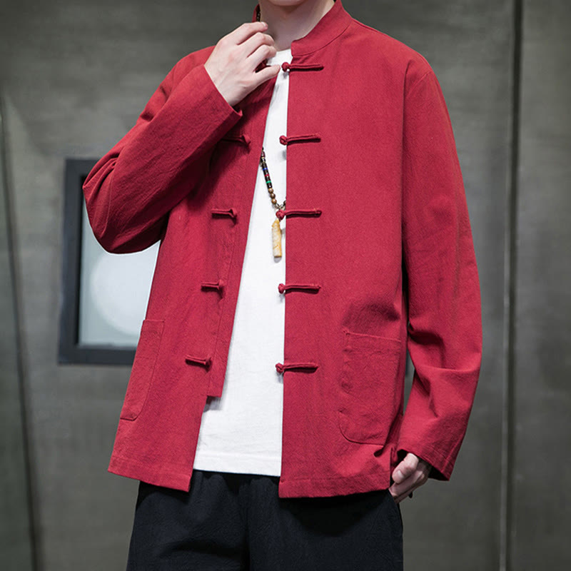 Simple Frog-Button Chinese Tang Suit Cotton Men Jacket Shirt With Pockets