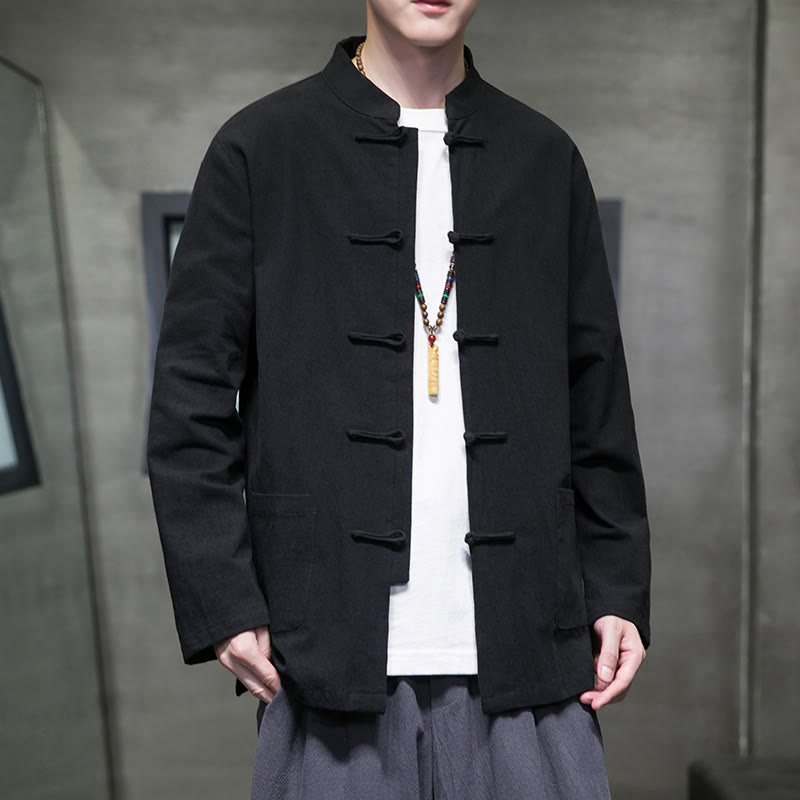 Simple Frog-Button Chinese Tang Suit Cotton Men Jacket Shirt With Pockets