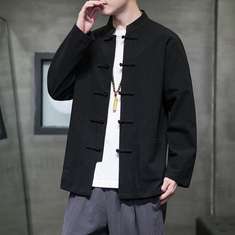 Simple Frog-Button Chinese Tang Suit Cotton Men Jacket Shirt With Pockets