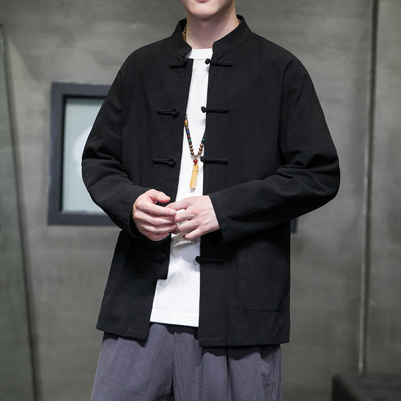 Simple Frog-Button Chinese Tang Suit Cotton Men Jacket Shirt With Pockets