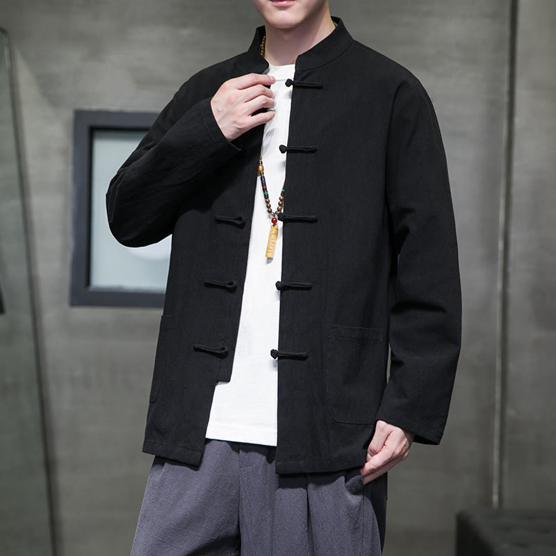 Simple Frog-Button Chinese Tang Suit Cotton Men Jacket Shirt With Pockets