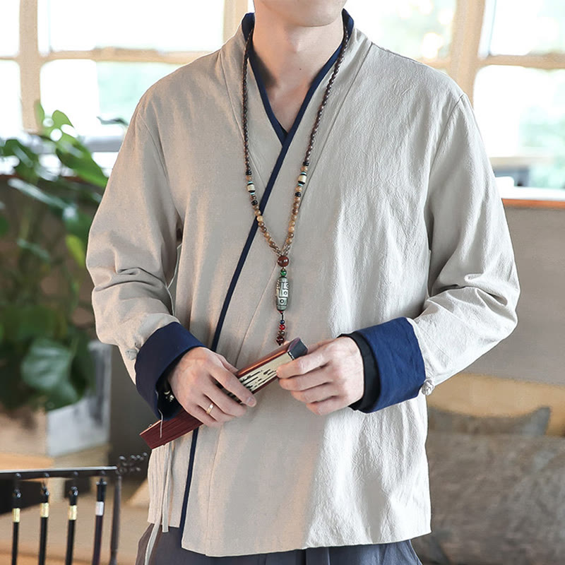 Fall Colorblock Long Sleeve Shirt Linen Lace-up Men Clothing