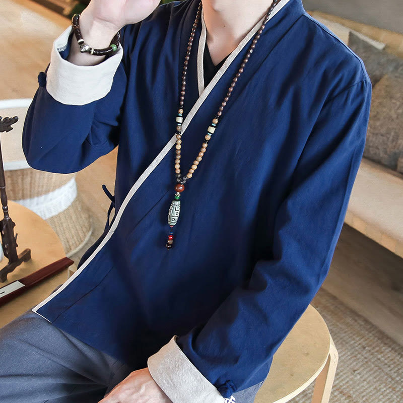 Fall Colorblock Long Sleeve Shirt Linen Lace-up Men Clothing