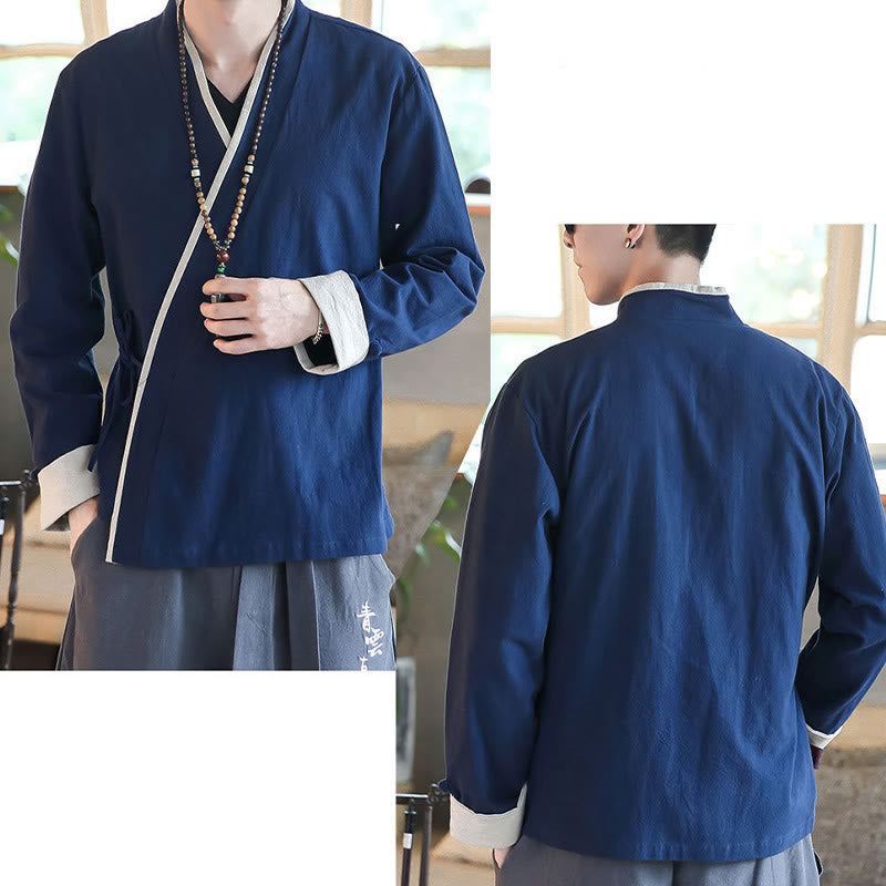 Fall Colorblock Long Sleeve Shirt Linen Lace-up Men Clothing