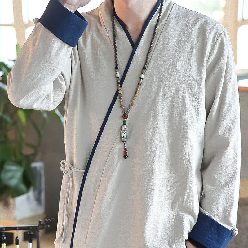 Fall Colorblock Long Sleeve Shirt Linen Lace-up Men Clothing