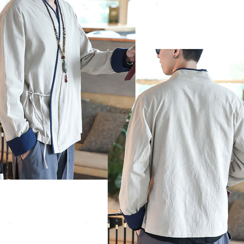 Fall Colorblock Long Sleeve Shirt Linen Lace-up Men Clothing