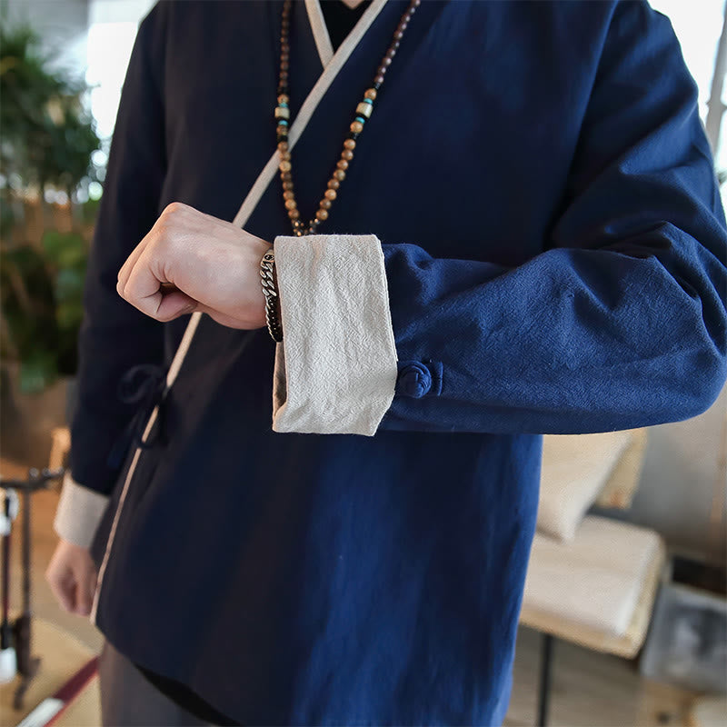 Fall Colorblock Long Sleeve Shirt Linen Lace-up Men Clothing