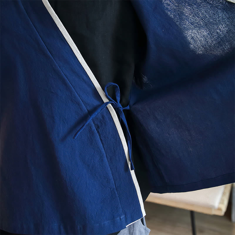 Fall Colorblock Long Sleeve Shirt Linen Lace-up Men Clothing
