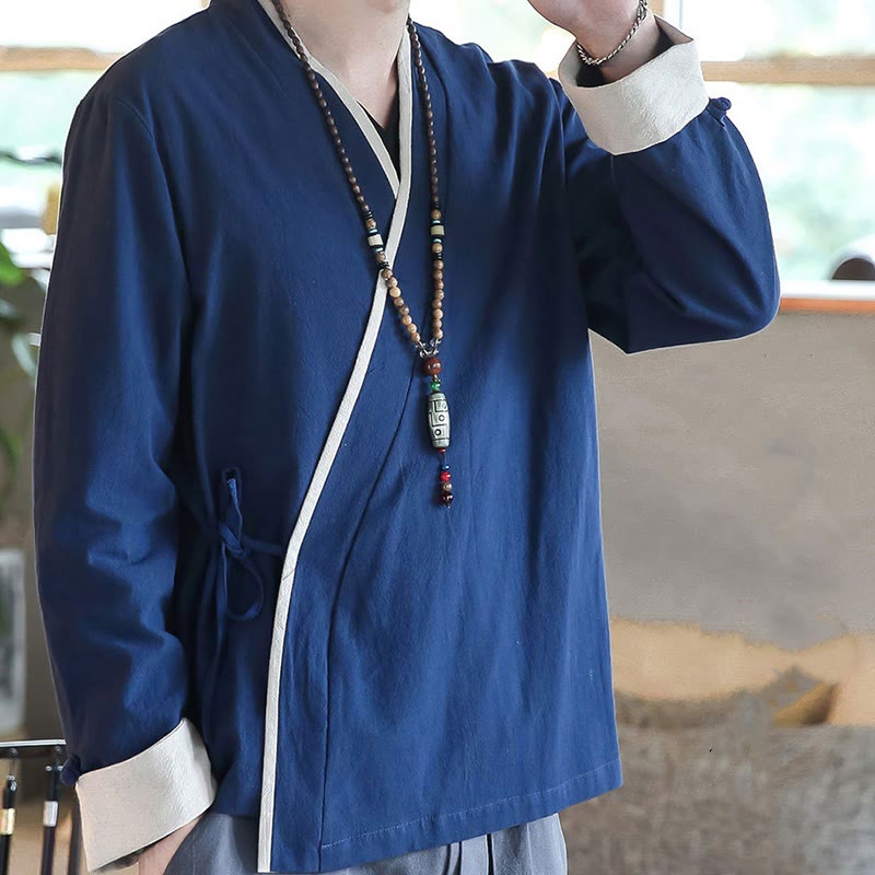 Fall Colorblock Long Sleeve Shirt Linen Lace-up Men Clothing