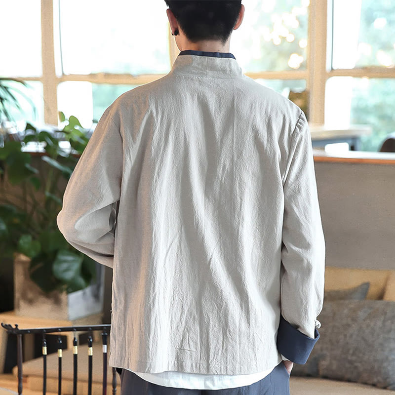 Fall Colorblock Long Sleeve Shirt Linen Lace-up Men Clothing