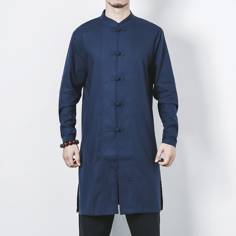 Fall Simple Frog-Button Linen Men's Mid-length Coat Zen Clothing
