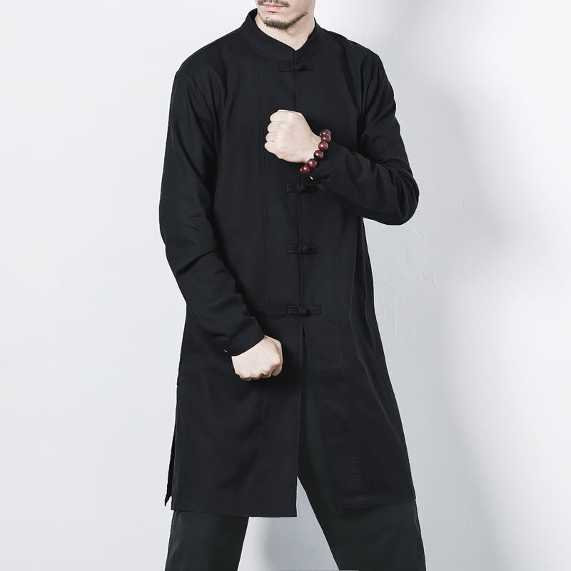 Fall Simple Frog-Button Linen Men's Mid-length Coat Zen Clothing