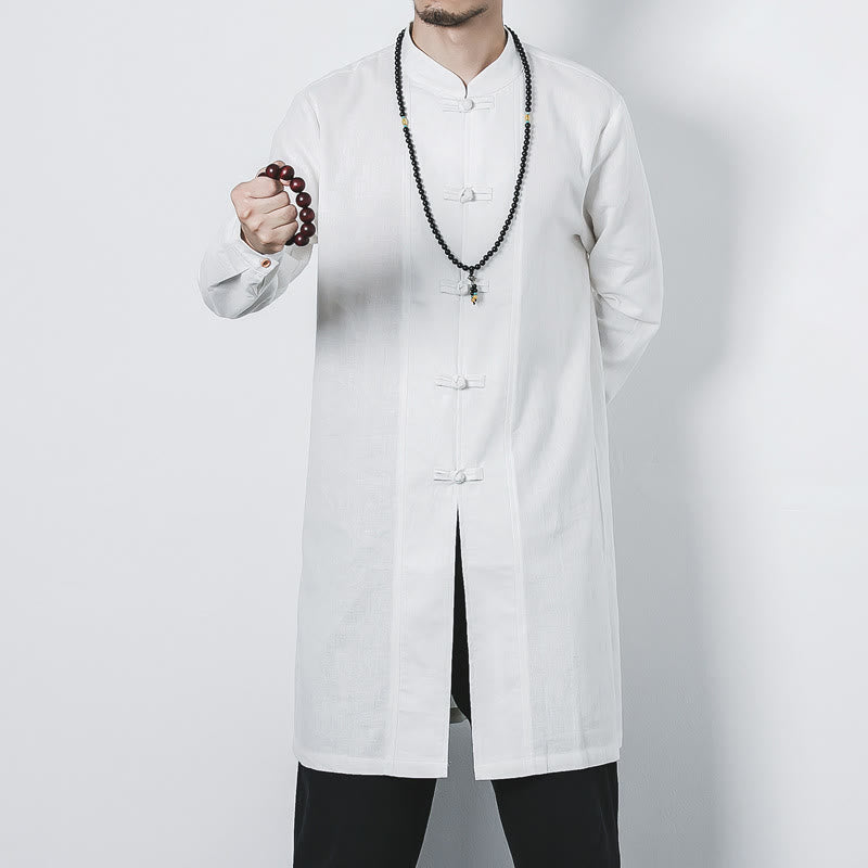 Fall Simple Frog-Button Linen Men's Mid-length Coat Zen Clothing