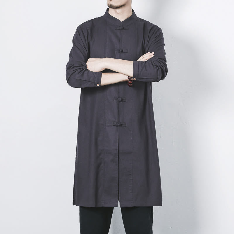 Fall Simple Frog-Button Linen Men's Mid-length Coat Zen Clothing