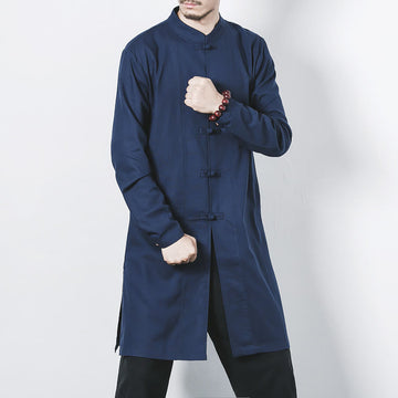 Fall Simple Frog-Button Linen Men's Mid-length Coat Zen Clothing