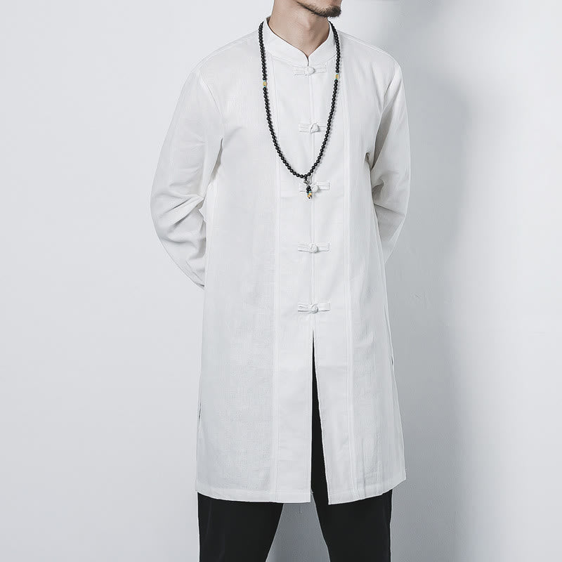 Fall Simple Frog-Button Linen Men's Mid-length Coat Zen Clothing
