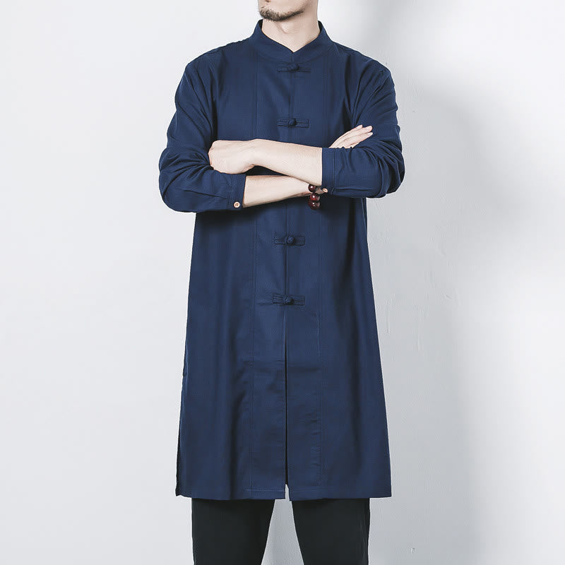 Fall Simple Frog-Button Linen Men's Mid-length Coat Zen Clothing
