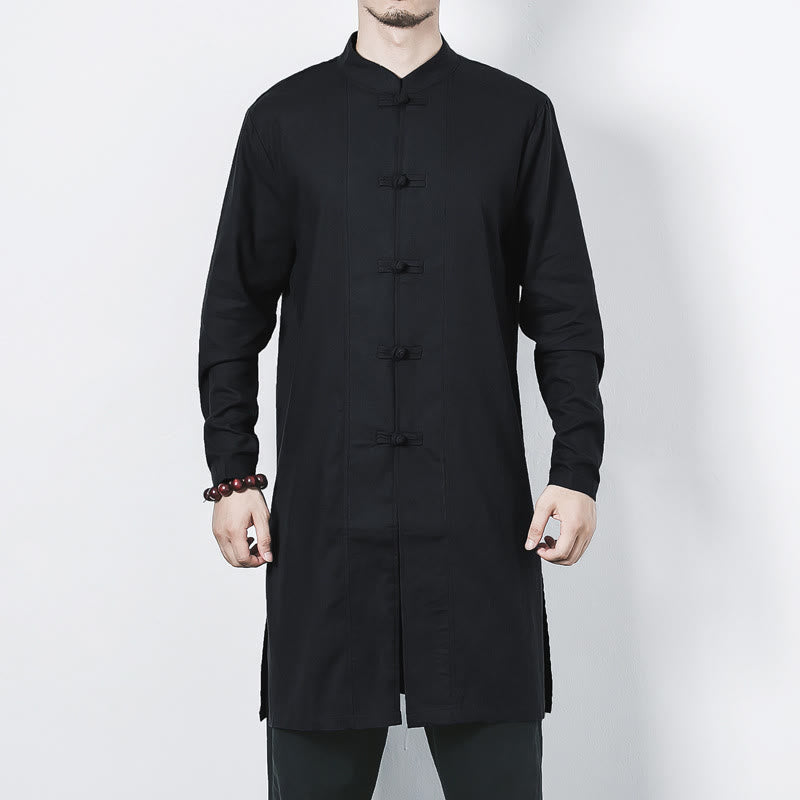Fall Simple Frog-Button Linen Men's Mid-length Coat Zen Clothing