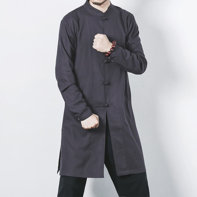 Fall Simple Frog-Button Linen Men's Mid-length Coat Zen Clothing