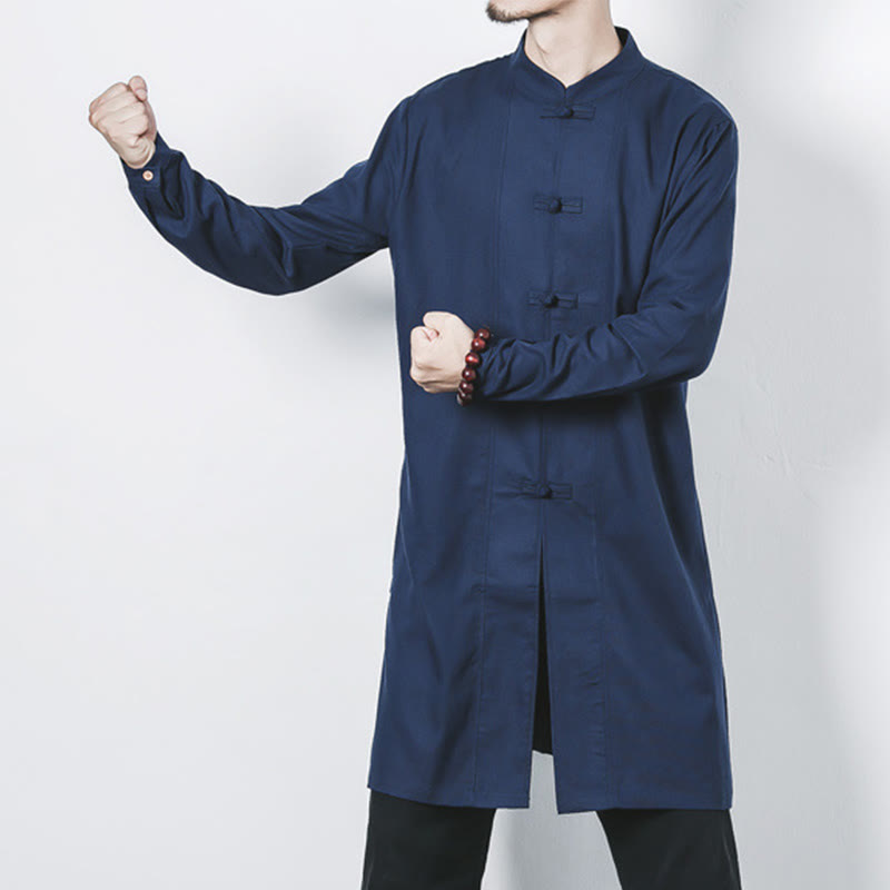 Fall Simple Frog-Button Linen Men's Mid-length Coat Zen Clothing