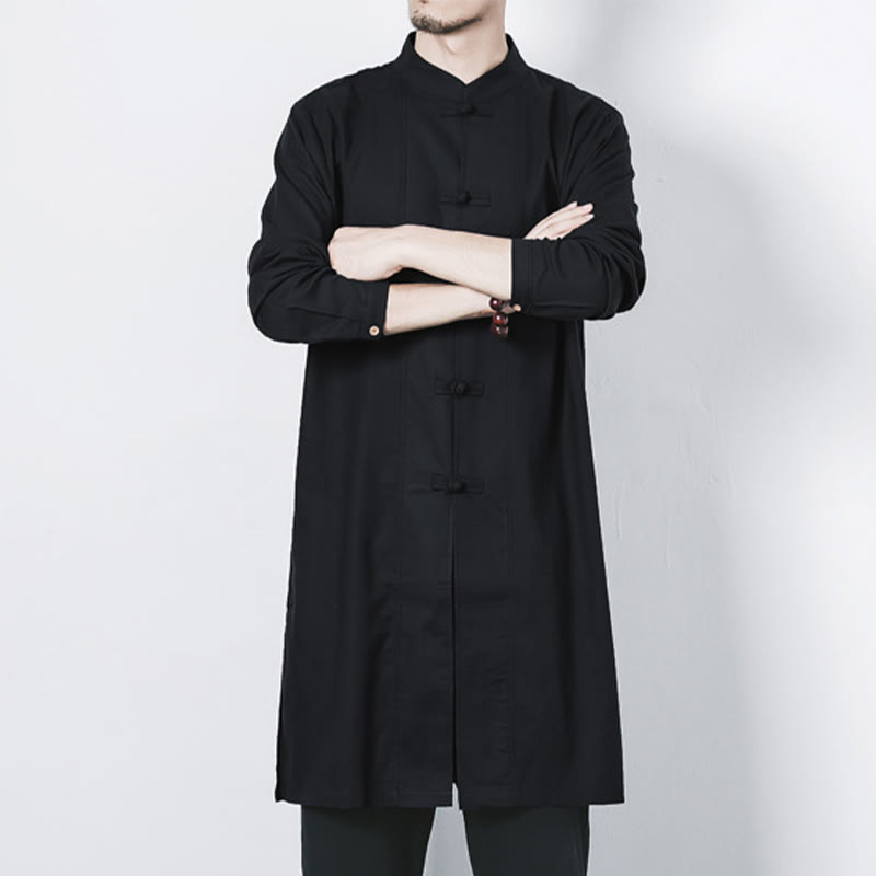 Fall Simple Frog-Button Linen Men's Mid-length Coat Zen Clothing