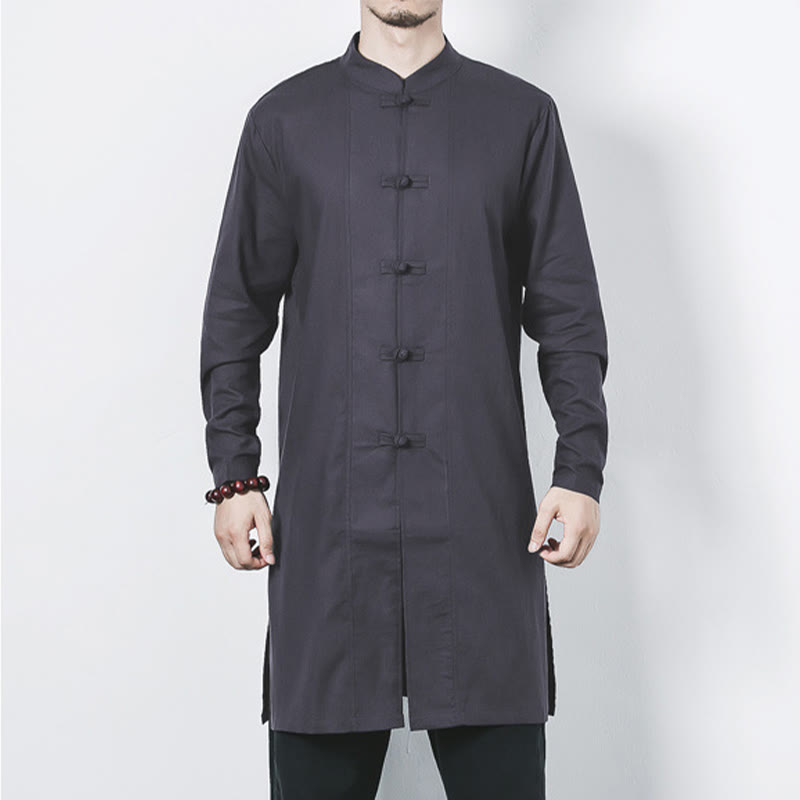 Fall Simple Frog-Button Linen Men's Mid-length Coat Zen Clothing