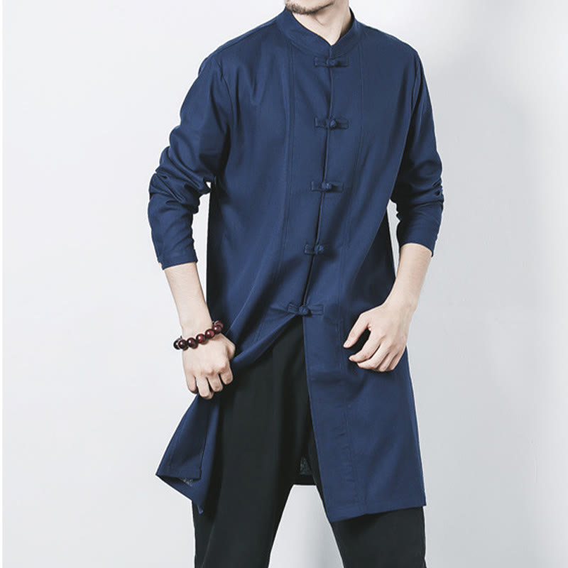 Fall Simple Frog-Button Linen Men's Mid-length Coat Zen Clothing
