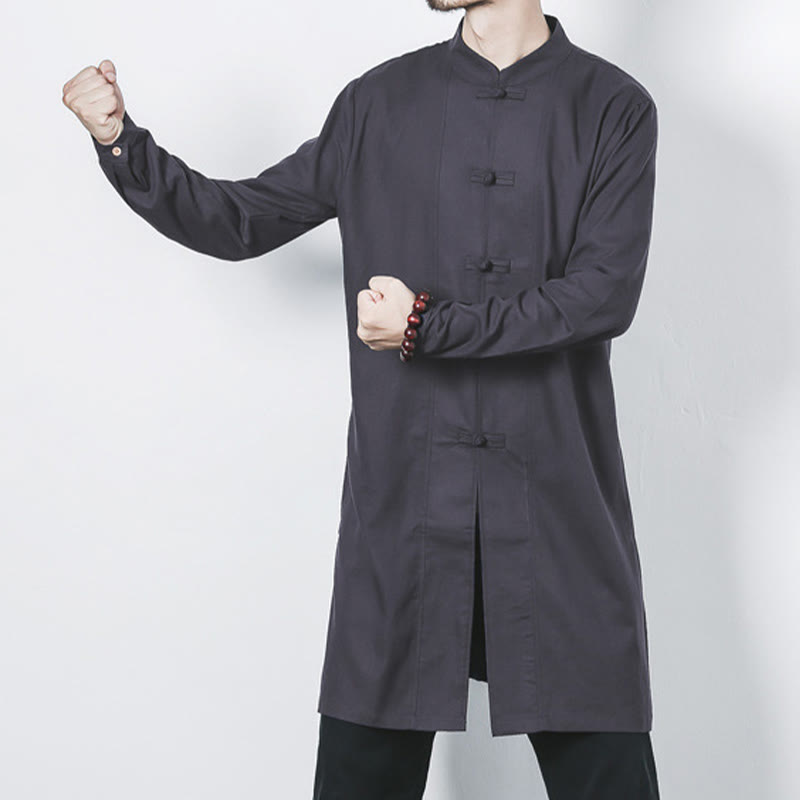 Fall Simple Frog-Button Linen Men's Mid-length Coat Zen Clothing