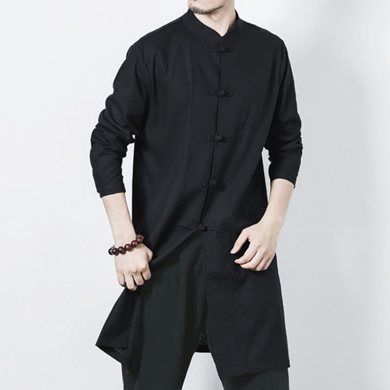 Fall Simple Frog-Button Linen Men's Mid-length Coat Zen Clothing