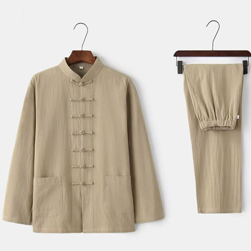 2Pcs Tang Suit Traditional Frog-Button Uniform Long Sleeve Shirt Pants Men's Set