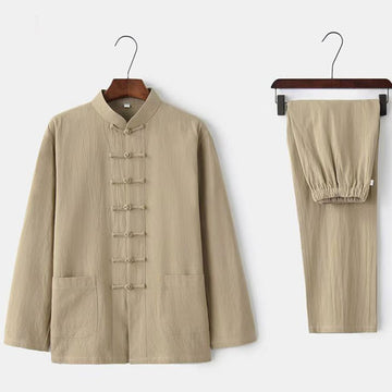 2Pcs Tang Suit Traditional Frog-Button Uniform Long Sleeve Shirt Pants Men's Set