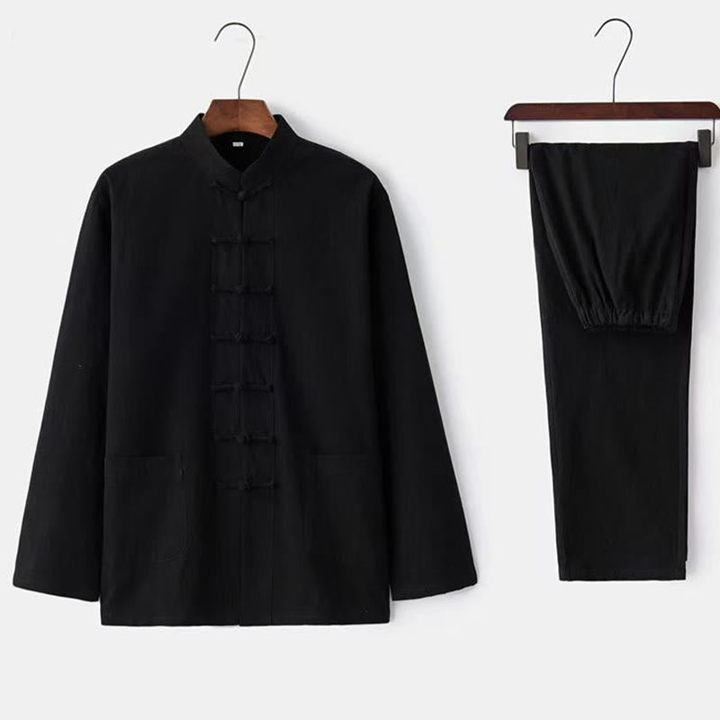 2Pcs Tang Suit Traditional Frog-Button Uniform Long Sleeve Shirt Pants Men's Set