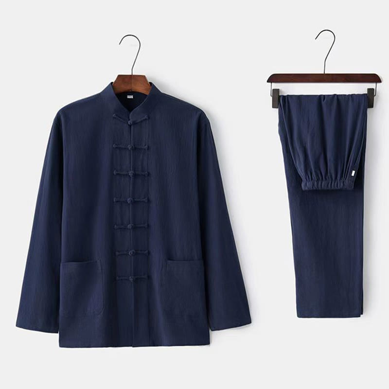 2Pcs Tang Suit Traditional Frog-Button Uniform Long Sleeve Shirt Pants Men's Set
