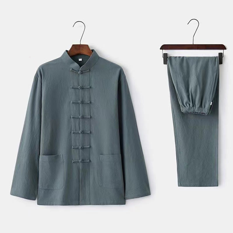 2Pcs Tang Suit Traditional Frog-Button Uniform Long Sleeve Shirt Pants Men's Set