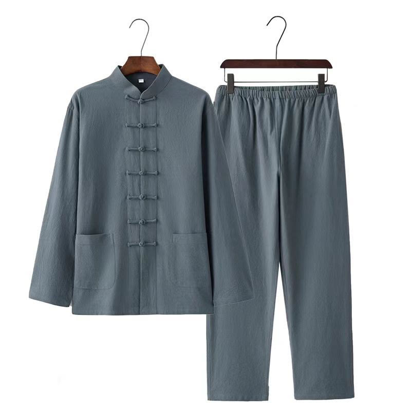 2Pcs Tang Suit Traditional Frog-Button Uniform Long Sleeve Shirt Pants Men's Set
