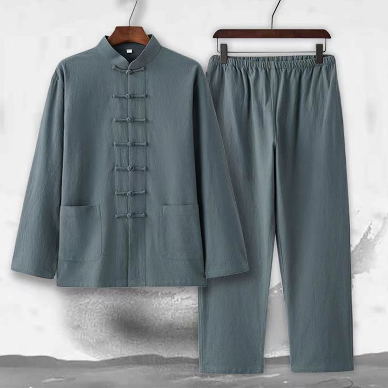 2Pcs Tang Suit Traditional Frog-Button Uniform Long Sleeve Shirt Pants Men's Set
