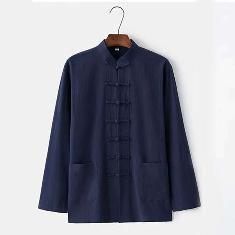 2Pcs Tang Suit Traditional Frog-Button Uniform Long Sleeve Shirt Pants Men's Set
