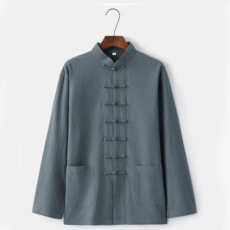 2Pcs Tang Suit Traditional Frog-Button Uniform Long Sleeve Shirt Pants Men's Set