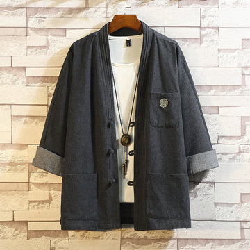 Men's Frog-Button Tang Suit Three Quarter Sleeve Jacket Shirt With Pockets