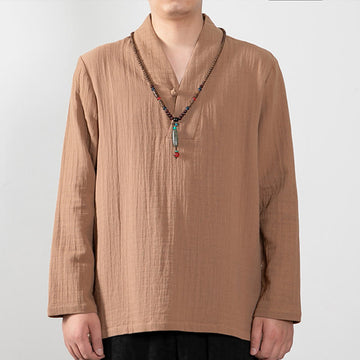 Fall Simple V-Neck Long Sleeve T-Shirt Cotton Men Clothing