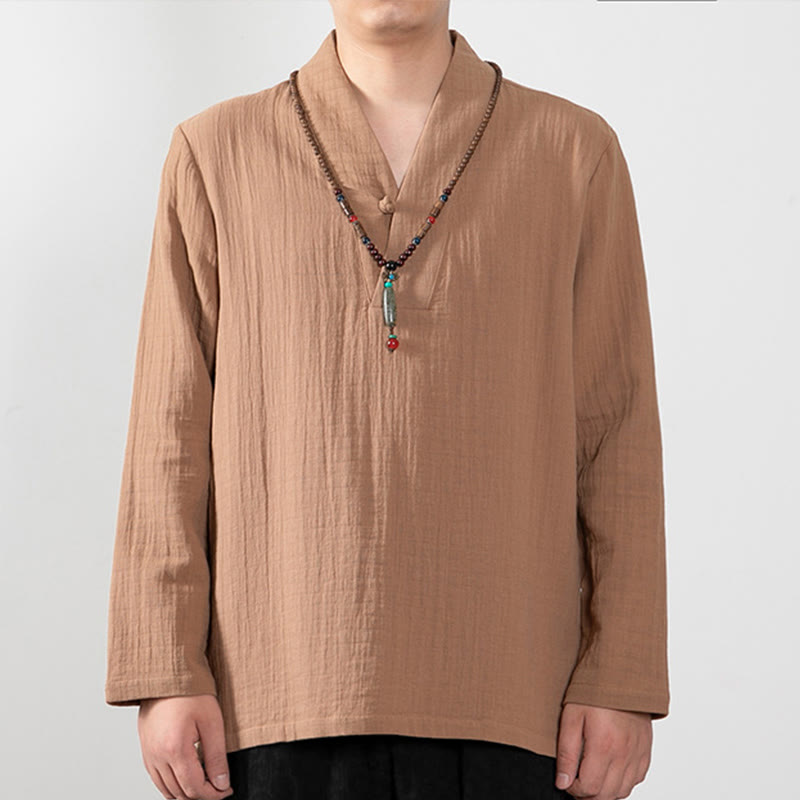 Fall Simple V-Neck Long Sleeve T-Shirt Cotton Men Clothing