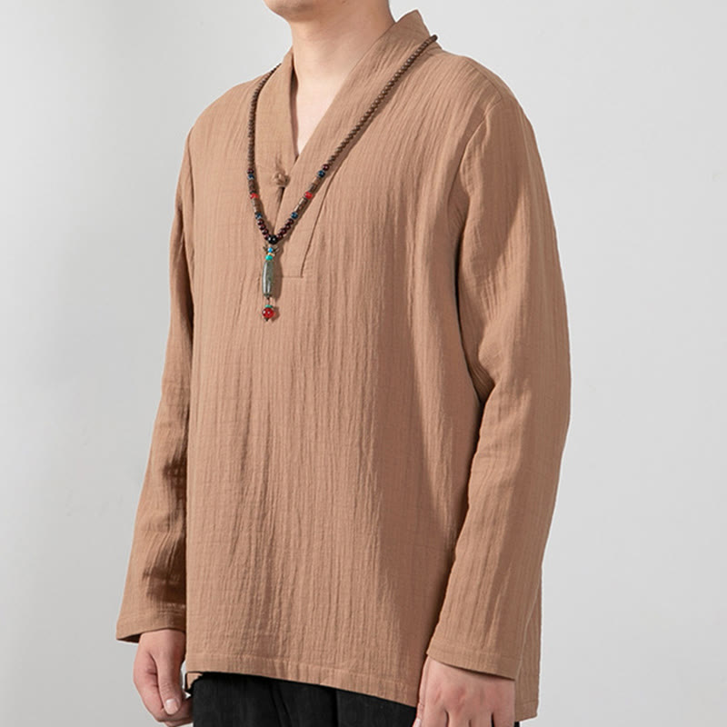 Fall Simple V-Neck Long Sleeve T-Shirt Cotton Men Clothing