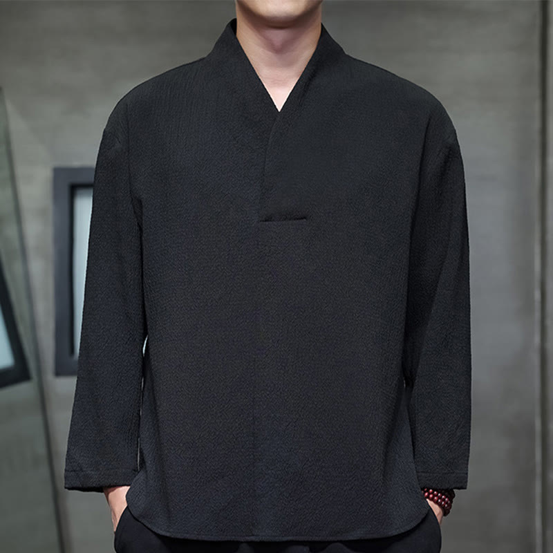 Tactile Cotton Minimalist Grounding Long-Sleeve V-Neck Shirt